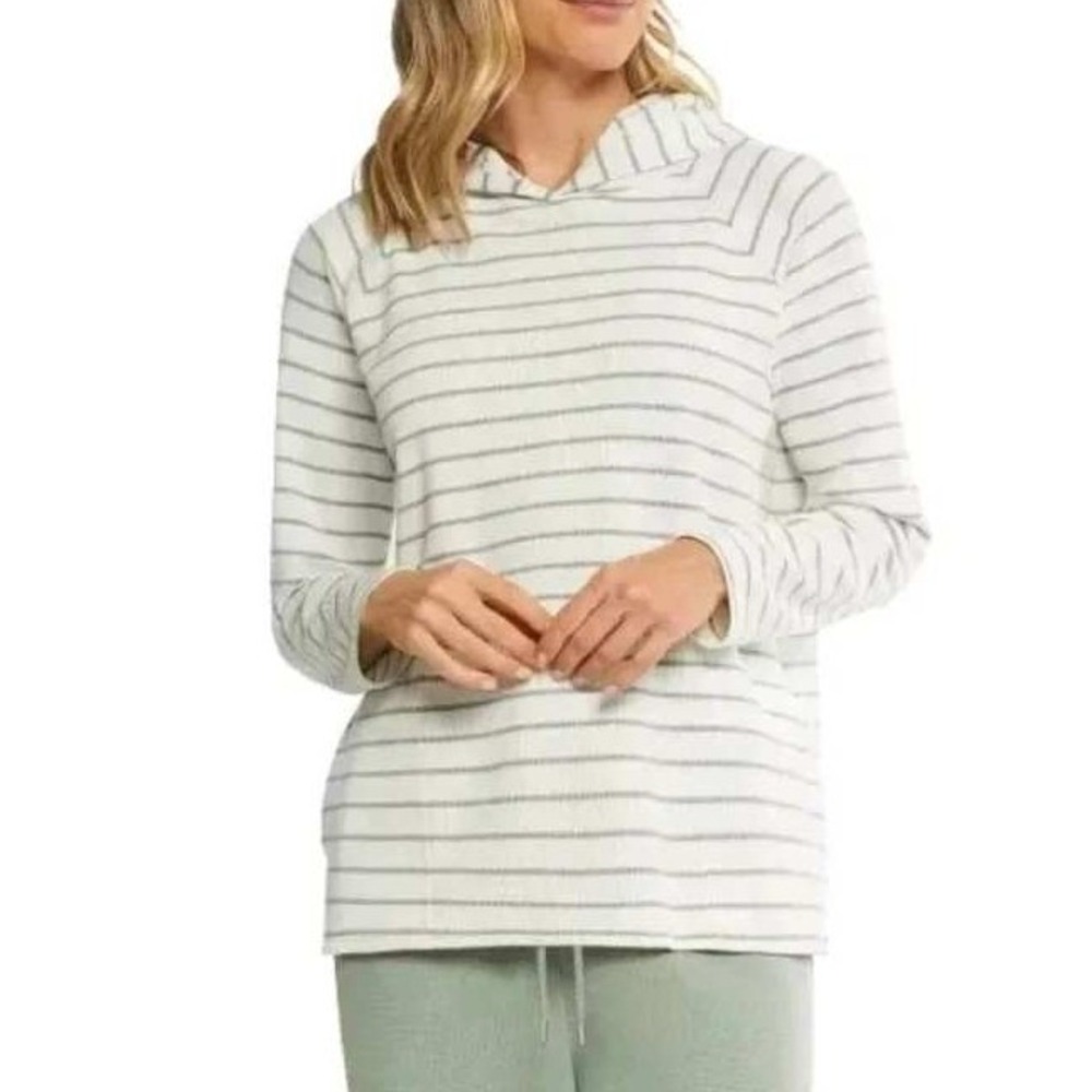 Max & Mia Women White Sage Green Striped Waffle Knit Thermal Hoodie Size M